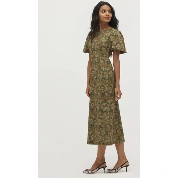 Hill House event Floral Puff-Sleeve Olive Midi Dress - Picture 2 of 4